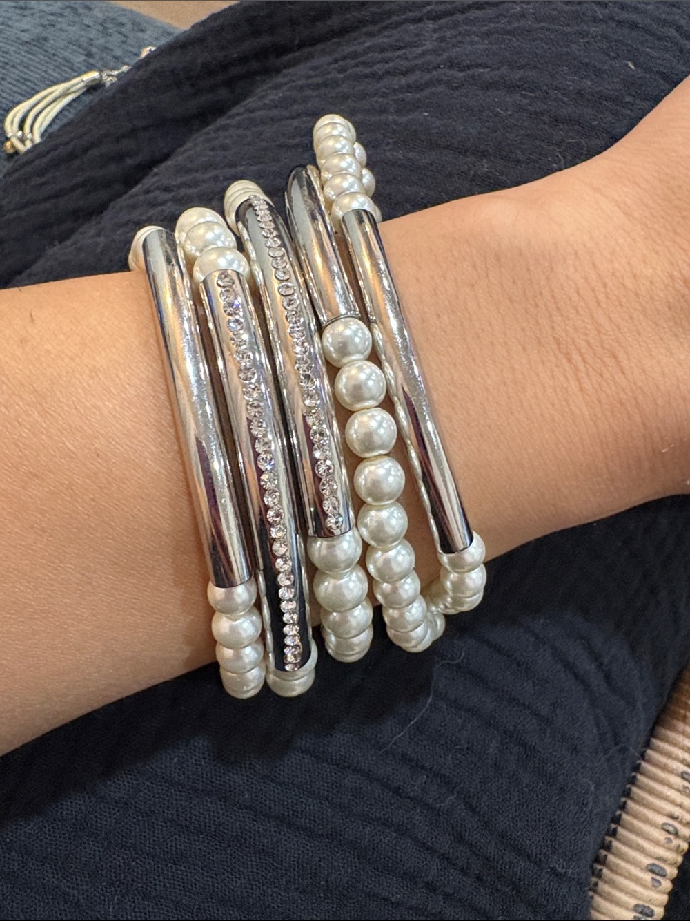5-Chico's Faux Pearl 5 Strand Bracelet with Crystals 30 Year Anniversary Edition